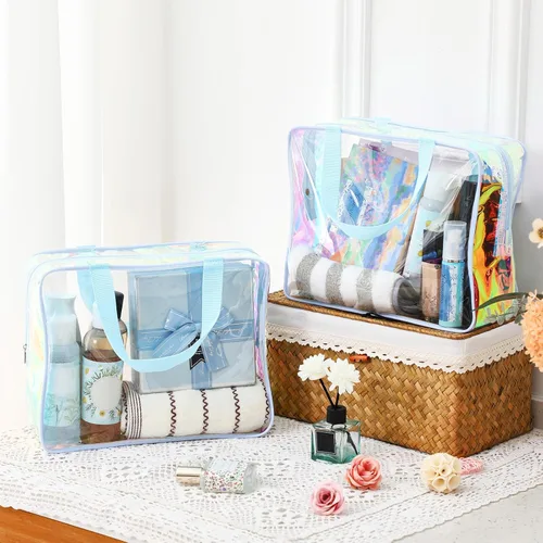 Miniatura 2 de Sweetude Bolsa de aseo transparente grande con asa, bolsa de maquillaje de playa iridiscente de gran capacidad, bolsa de maquillaje de PVC Azul