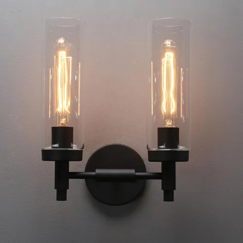 Miniatura 13 de Phansthy Lámpara de pared industrial rústica con pantalla tubular de vidrio transparente (aplique de 2 luces)