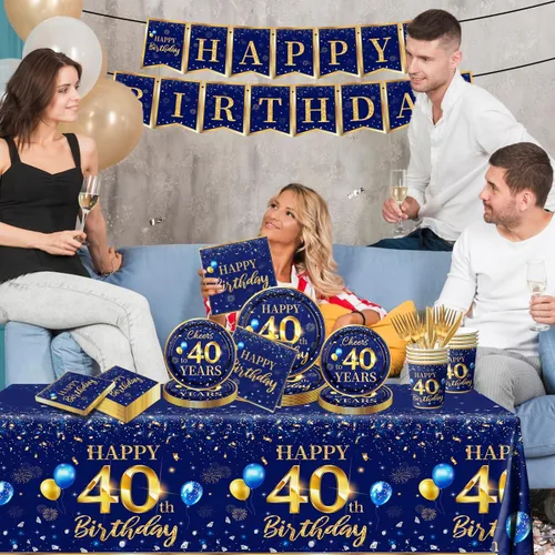 Miniatura 5 de Decoración de 40 cumpleaños para hombres - Juego de 142 piezas de vajilla de cumpleaños azul marino y dorado (sirve para 20) Incluye pancarta