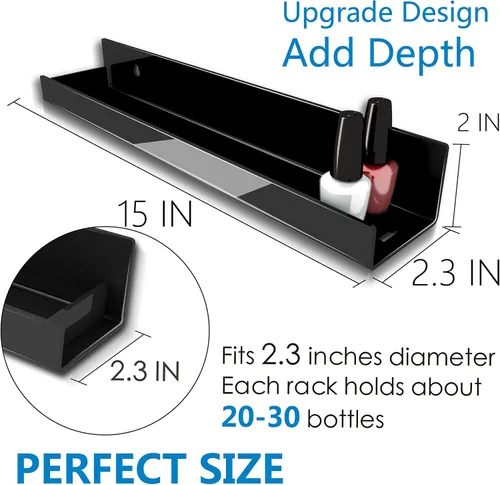 Miniatura 3 de Paquete de 4 estantes acrílicos negros de 15 pulgadas, estantería flotante negra para habitación de los niños, estante moderno para esmalte de uñas