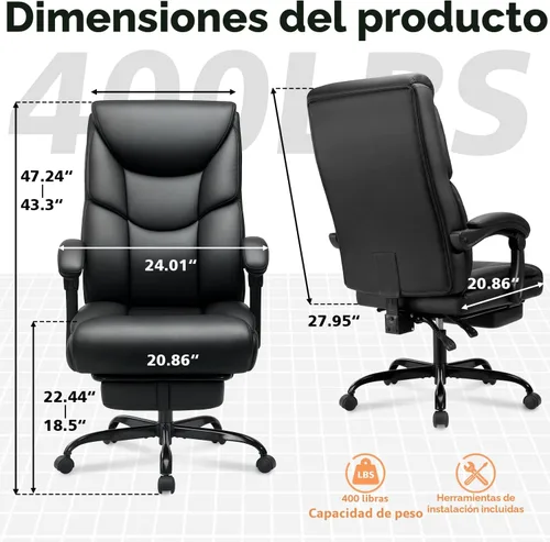 Miniatura 3 de WAILOR Silla de Oficina de 400 libras con Reposapiés, Silla de Oficina Reclinable Grande y Alta con Soporte Lumbar y Cojín de Resorte, Silla de Negro