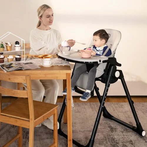 Miniatura 8 de BABY JOY Silla alta para bebés y niños pequeños, silla alta plegable con respaldo/reposapiés/altura del asiento, bandejas dobles extraíbles, cojín