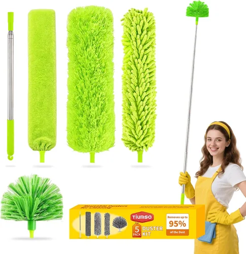 Miniatura 11 de Tiumso Kit de plumero de microfibra 5 en 1, plumeros para limpieza, plumero con poste de extensión de 100 pulgadas, plumero de telaraña, plumeros