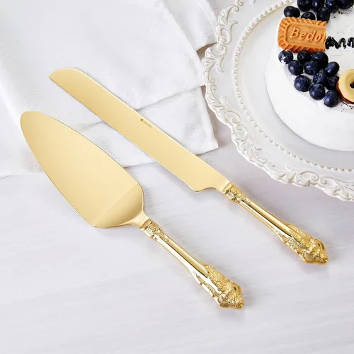 Miniatura 4 de KEAWELL Magnífico juego de cuchillos y servidor para pastel de boda, acero inoxidable 18/10, juego de corte de pastel de lujo fino (dorado)