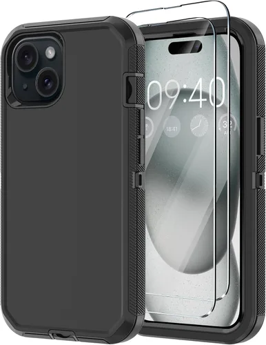Funda para iPhone 15 con 2 Protectores de Pantalla, Protección Contra Caídas a Prueba de Golpes, Cuerpo Completo, Uso Pesado, 3 Capas, Militar,