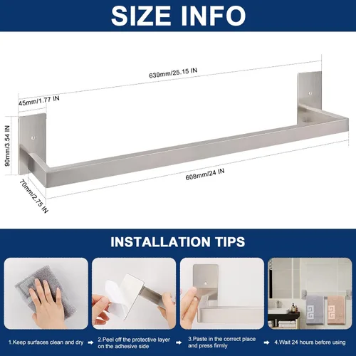 Miniatura 2 de NearMoon - Toallero de barra autoadhesivo para baño de acero inoxidable, estante cuadrado de pared para colgar toallas, estilo contemporáneo