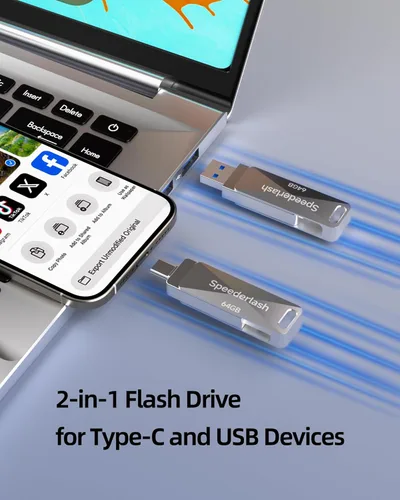Miniatura 3 de Unidad flash USB 3.0 de 64 GB, unidad de pulgar Speederlash Dual USB A y Tipo-C, velocidad de lectura de 200 MB/s, carcasa metálica giratoria 2 en 1