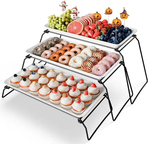 Miniatura 8 de Set de bandejas de servir de 3 niveles de melamina, bandejas de 29 x 14 pulgadas para servir alimentos, bandejas reutilizables blancas con soporte