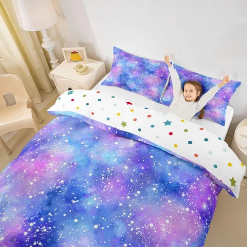 Juego de funda de edredón con estrellas con purpurina y galaxia psicodélica, color azul marino y morado, tamaño individual, juego de ropa de cama de