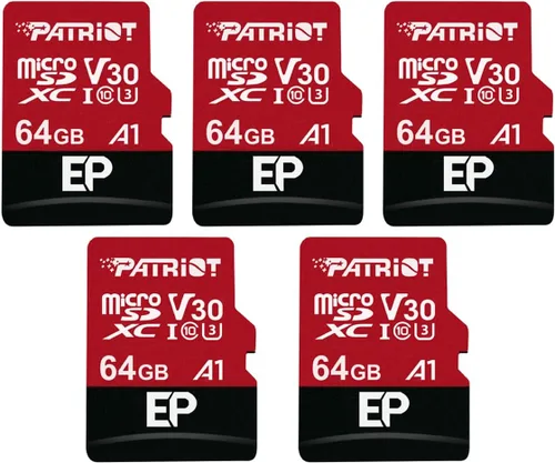 Patriot Memory Tarjeta Micro SD A1 / V30 de 64 GB para teléfonos y tabletas Android, grabación de video 4K - Paquete de 5, lote de 5