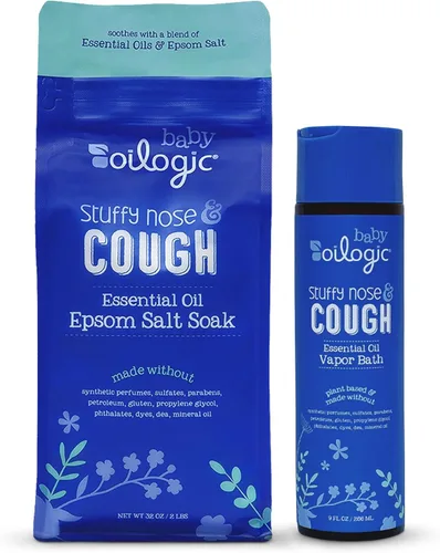 Oilogic Paquete de energía para la nariz y la tos tapada para bebés con alivio de baño de vapor y remojo de sal de Epsom, esenciales para el baño