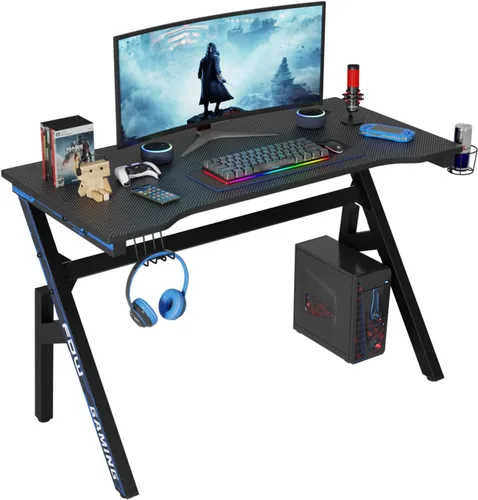 Miniatura 15 de PayLessHere Mesa de Juegos de 35" Azul Escritorio de Computadora en Forma de Z con Marco de Acero, Gancho para Auriculares, Pies Ajustables
