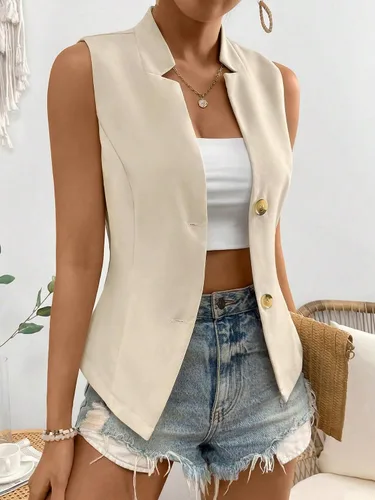 Miniatura 3 de Milumia Chaleco de cuello con muescas para mujer, chaqueta de trabajo sin mangas con un solo pecho