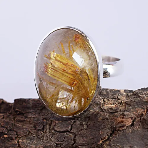 Miniatura 2 de Ravishing Impressions Anillo de plata de ley 925 con piedras preciosas de rutilo de oro, joyería de diseño increíble para mujer