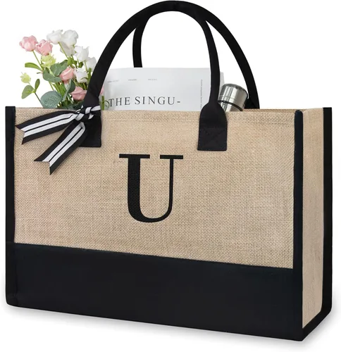 Miniatura 379 de TOPDesign - Bolso de playa de lona con inicial personalizada, bolsa de regalo con monograma, para mujer