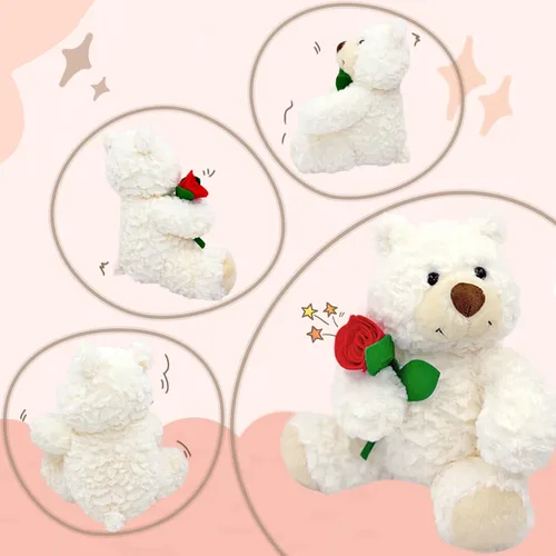 Miniatura 2 de Oso de peluche blanco con rosa de 9 pulgadas, lindo oso de peluche pequeño suave para San Valentín, boda, aniversario, regalo de cumpleaños