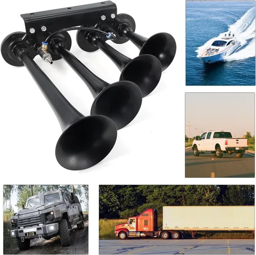 Miniatura 5 de Bocina de aire de 4 tubos para camión de 150 dB, bocina de coche súper fuerte, cuatro bocinas de tren de trompeta con kit de compresor para vehículo