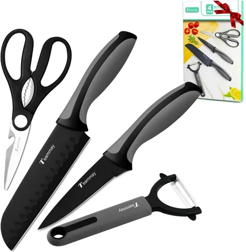 Juego de 4 cuchillos Santoku de 6 pulgadas, cuchillo de pelar de 4 pulgadas, tijeras de cocina, pelador en Y, revestimiento antioxidante, afilado