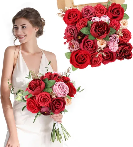 Miniatura 7 de AmyHomie Flores Artificiales Rojas Combo Mezcla de Seda Peonía Rosa Flores Falsas con Tallo para el Día de San Valentín DIY Ramos de Boda Centros