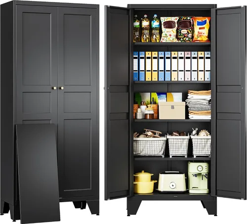 Miniatura 10 de Armario de almacenamiento negro con puertas y estantes ajustables, gabinetes de despensa de alimentos de granja de 36 pulgadas de alto, armario