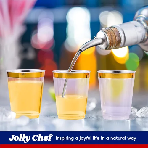 Miniatura 5 de JOLLY CHEF Paquete de 100 vasos de plástico dorado de 10 onzas, vasos de plástico transparente elegantes con borde dorado desechables, perfectos