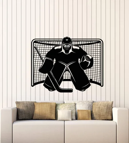 Vinilo adhesivo de pared de hockey sobre hielo Jugador de portero Deportes Hombre Cueva Pegatinas Mural Decoración grande (g2150) Negro