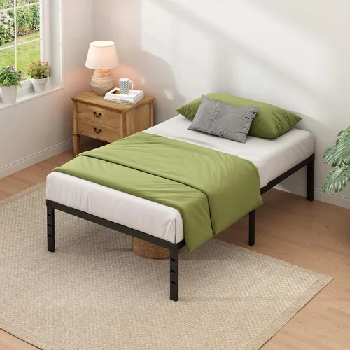 NEW JETO - Marco de cama de metal, marco de cama tamaño individual con espacio de almacenamiento, base de colchón resistente y de trabajo pesado,