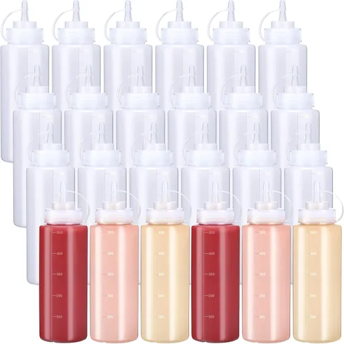 Miniatura 9 de Xinnun 24 botellas de plástico para exprimir condimentos, a prueba de fugas, botellas multiusos con tapa superior giratoria para salsas, ketchup