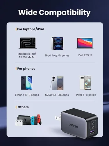 Miniatura 7 de UGREEN Nexode Cargador de pared GaN USB C de 65W, adaptador de corriente compacto plegable de 3 puertos y carga rápida para iPhone serie 17/16/15