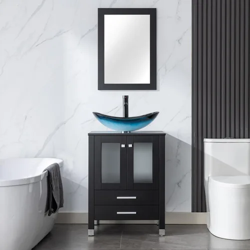 Miniatura 27 de LUCKWIND Combinación de tocador de baño de 24 pulgadas con lavabo, serie elegante con marco pintado, armario de almacenamiento de baño de dos