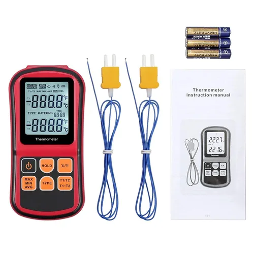 Miniatura 7 de Kamtop Termómetro de termopar digital de doble canal, medidor de temperatura tipo K con 2 sondas de termopar, medición T1/T2 y T1-T2, LCD