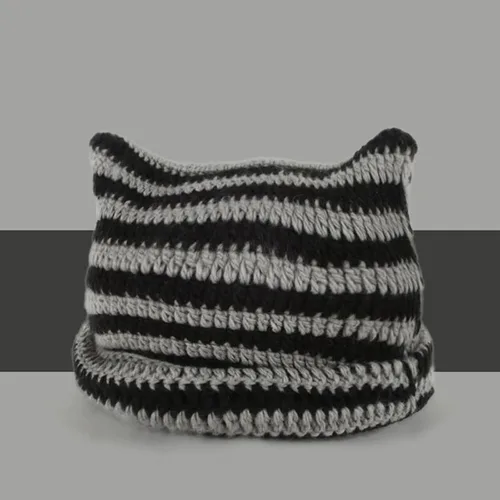 Miniatura 2 de Gorro de invierno para mujer, cálido, holgado, con orejas de gato, a rayas, con puños, calavera, cálido, para esquí