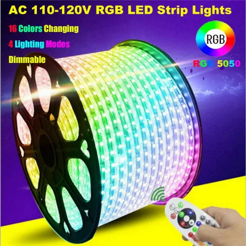 Miniatura 5 de Tira de luces LED RGB de alto voltaje, CA 110 V-120 V, 60 unidades SMD 5050 LED, control remoto, multicolor cambiante, impermeable, flexible