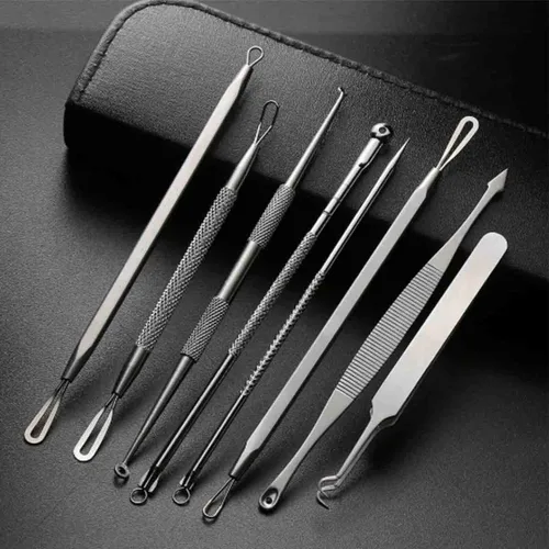 Removedor de puntos negros, 9 unidades, acero inoxidable, kit de herramientas para eliminar manchas, extractor de comedones con bolsa portátil