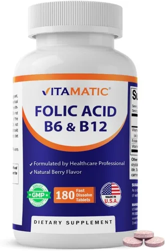 Vitamatic Ácido fólico, vitamina B12 y B6 – 180 tabletas de disolución rápida Salud del corazón, producción de energía y apoyo de glóbulos rojos