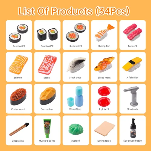 Miniatura 2 de Funpynani - Juego de comida de simulación para cortar sushi, 34 piezas, juguetes de alimentos de simulación con luz LED que cambia