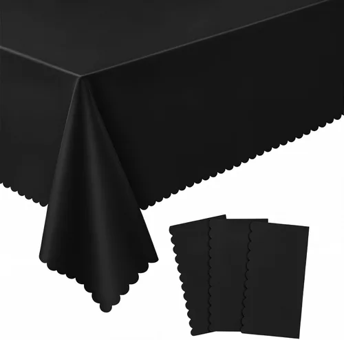 3 Pack Plastic Black Tablecloth, 54 X 108Inch Disposable Scalloped Dessert Table Coth for Rectangle Tables Waterproof Outdoor Table Cover for BBQ