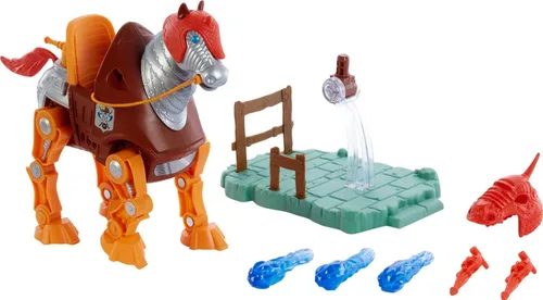 Masters of the Universe Origins Stridor Figura de acción, caballo robot de 7 pulgadas de alto con lanzador de proyectiles, 3 ráfagas de plasma,
