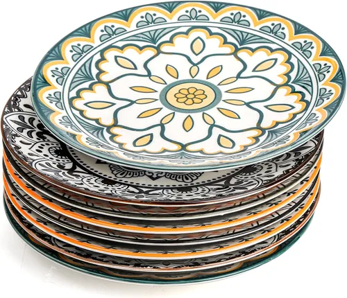 Miniatura 7 de Foraineam 8 platos de ensalada, platos de postre florales de porcelana de 8.5 pulgadas, coloridos juegos de platos redondos para almuerzo, ensalada