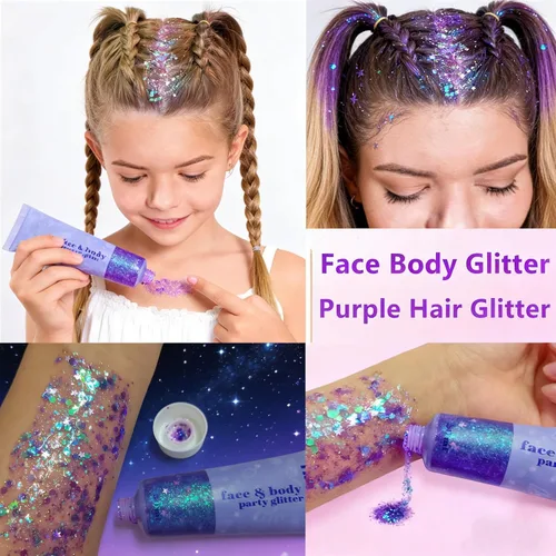 Miniatura 3 de Go Ho Gel de purpurina púrpura de sirena, purpurina holográfica para el cabello morado para niños y mujeres, lentejuelas gruesas para ojos, labios