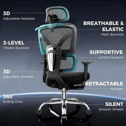 Miniatura 3 de Silla de oficina ergonómica con reposapiés, silla de escritorio grande y alta, silla de computadora con respaldo alto con brazos 3D y soporte Negro