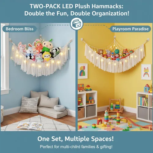 Miniatura 3 de Paquete de 2 unidades de almacenamiento de animales de peluche, red o hamaca con luz LED, hamaca de juguete de esquina para colgar, organizador