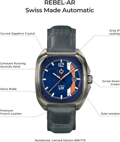 Miniatura 6 de LIV Rebel-AR Swiss Automatic Elaboré Grade 26-Jewel Movement - 420 mm Rectangular Curved Case- IP Surgical Grade 316L Stainless Steel-Multi-Layer
