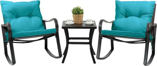 Miniatura 11 de Kozyard Juego de 3 sillas mecedoras para exteriores con mesa auxiliar y cojines, juego de muebles de mimbre para jardín, porche, patio trasero