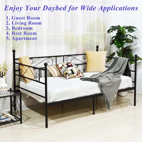 Miniatura 7 de Marco de Cama Diurna Tamaño Twin, Cama Diurna Marco de Cama Diurna de Metal Negro con Cabecero, Base de Plataforma de Colchón que Reemplaza