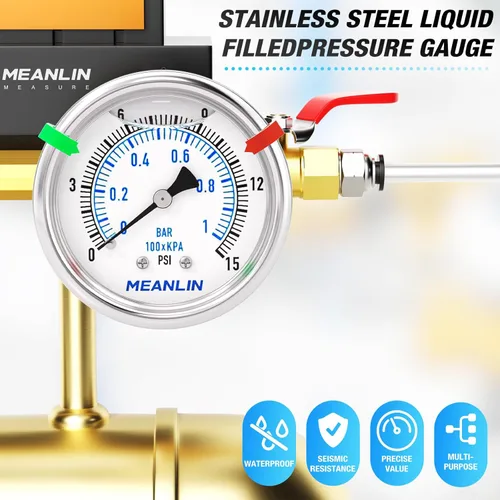 Miniatura 7 de MEANLIN MEASURE Medidor de presión de acero inoxidable con relleno de líquido bajo de 0 ~ 15 psi, esfera de cara NPT de 2 pulgadas para agua