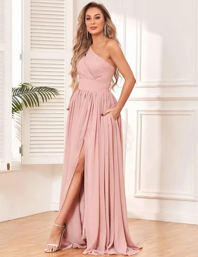 Miniatura 6 de MXODI One Shoulder Bridesmaid Dress with Slit Chiffon Long Formal Dresses with Pockets