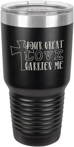 Taza de viaje de acero con recubrimiento de polvo grabado con láser, con grabado de 30 oz con texto en inglés "Your Love Carries" y texto "Mis