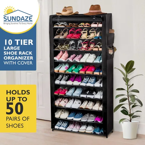 Miniatura 3 de Sundaze Zapatero con cubierta - Estante para zapatos de 10 niveles para entrada de puerta frontal, organizador de zapatos alto y resistente