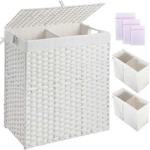 Cesta de ropa Greenstell con tapa, sin necesidad de instalación, 110 L, cestos de lavandería de mimbre plegables con 2 bolsas extraíbles, cesto de